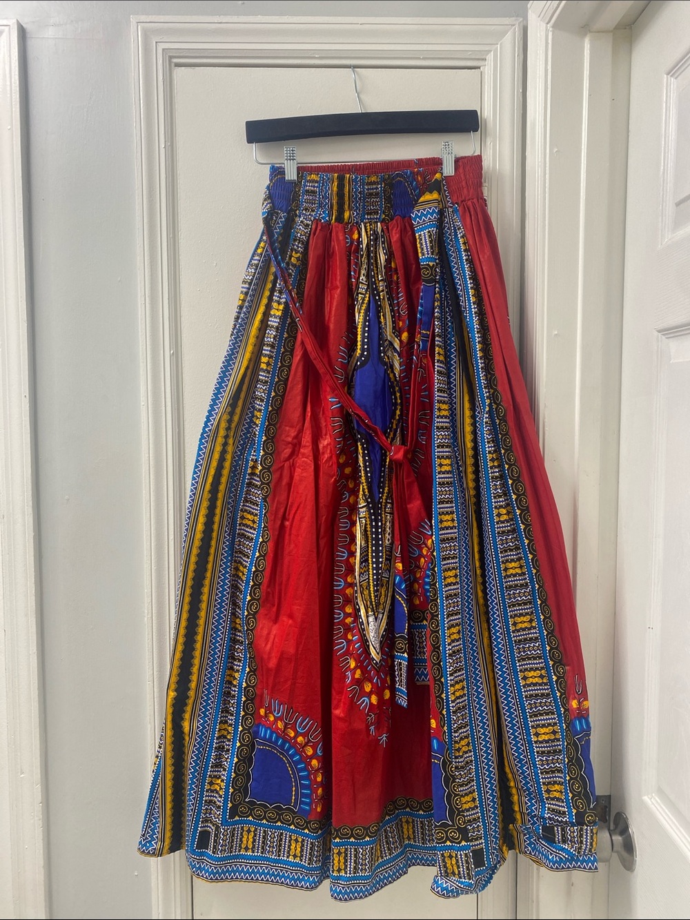 Vibrant Red & Blue Printed Maxi Skirt